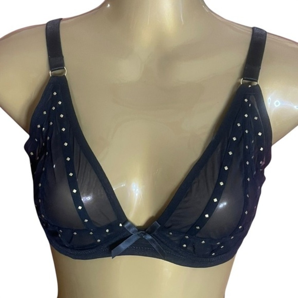 Frederick's Rozlyn Sheer Mesh Stud Plunge Underwire Bra 32D Black Gold NWT